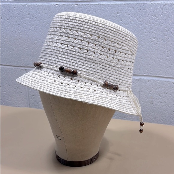 Accessories - 100% natural straw Cream Bucket Hat with Bead Accents